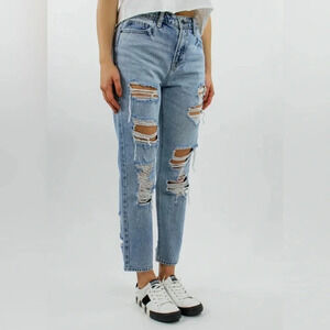 H&M Jeans Women 4 Blue Boyfriend Low Waist Denim Button Fly Grunge Preppy Frayed